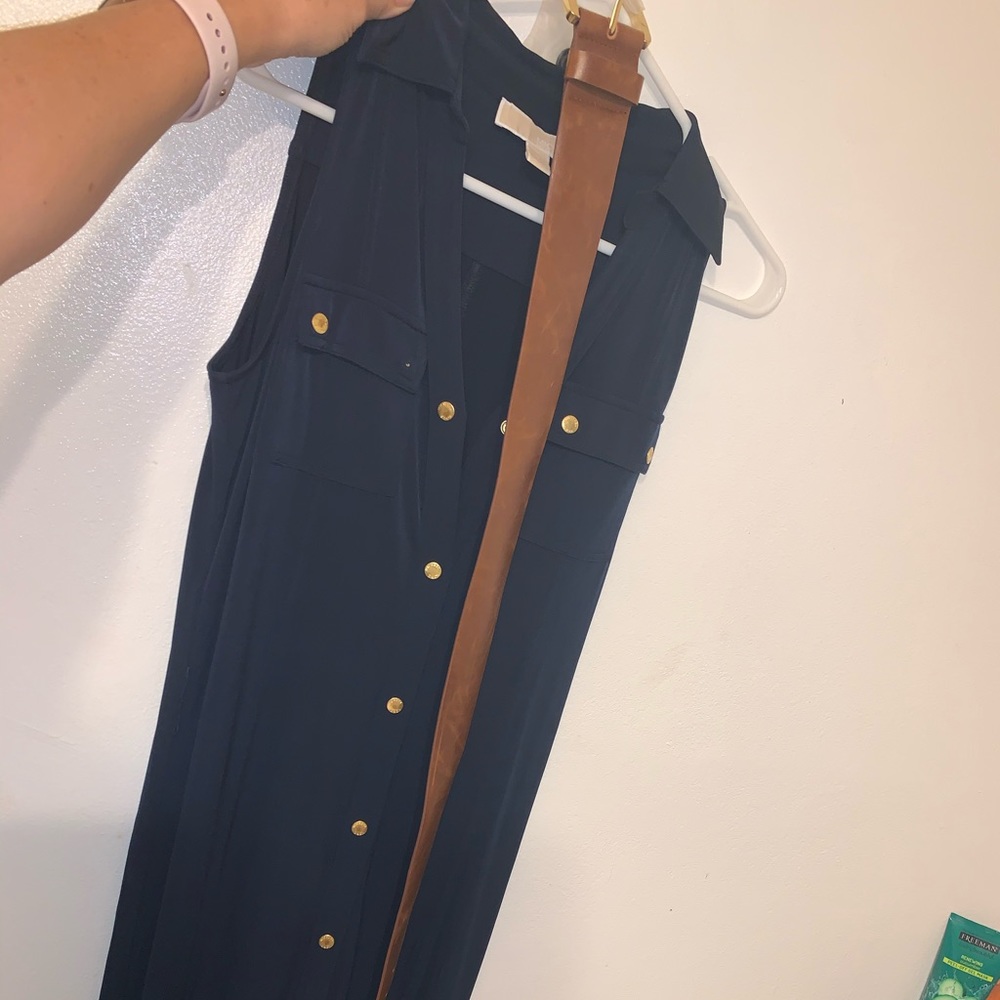 Long navy blue with gold buttons dress